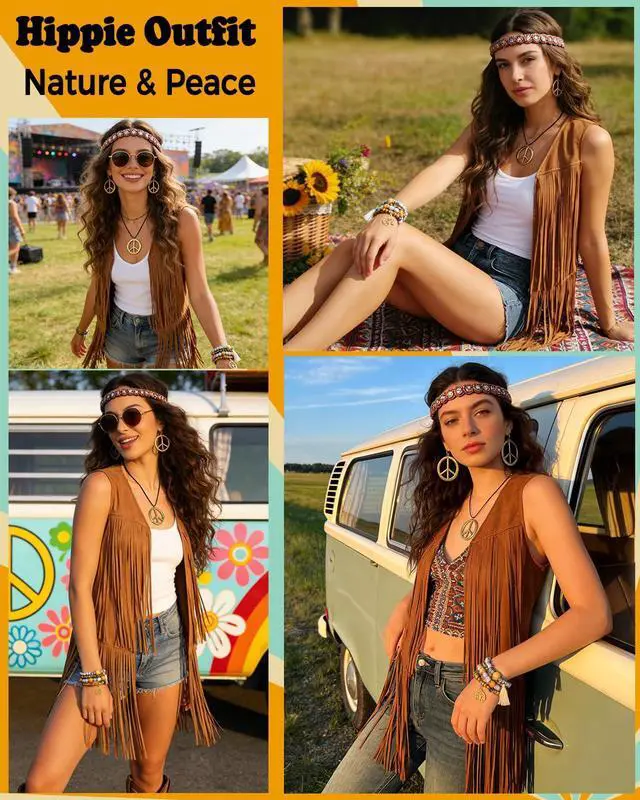 Alt view image 3 of 6 - 60s 70s Outfit for Women Hippie Costume Clothes Fringe Vest with Hippie Accessories Boho Headband for Disco Party Halloween Brown L