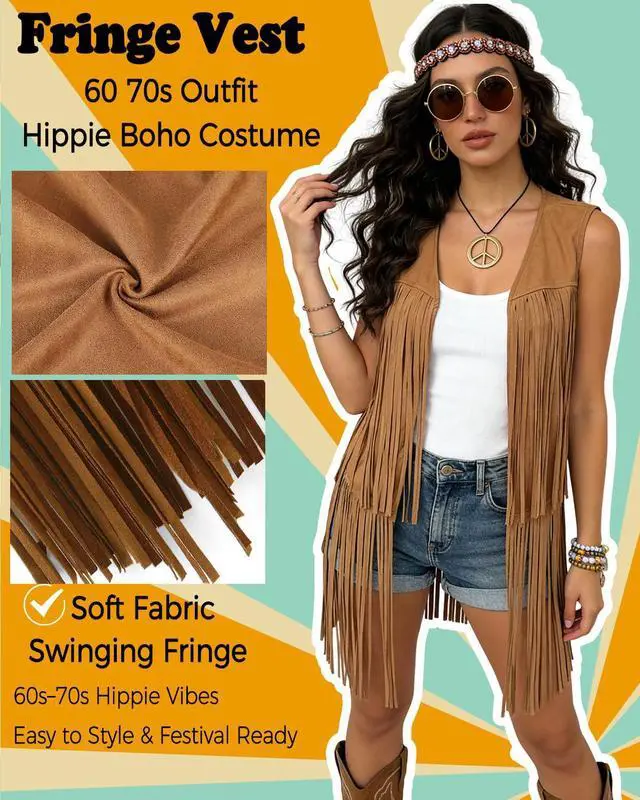 Alt view image 5 of 6 - 60s 70s Outfit for Women Hippie Costume Clothes Fringe Vest with Hippie Accessories Boho Headband for Disco Party Halloween Brown L