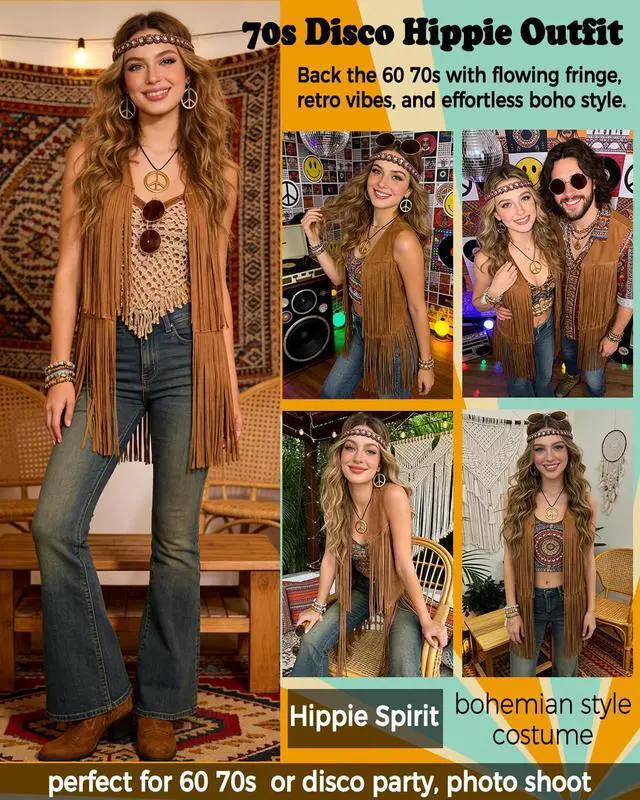 Alt view image 4 of 6 - 60s 70s Outfit for Women Hippie Costume Clothes Fringe Vest with Hippie Accessories Boho Headband for Disco Party Halloween Brown L