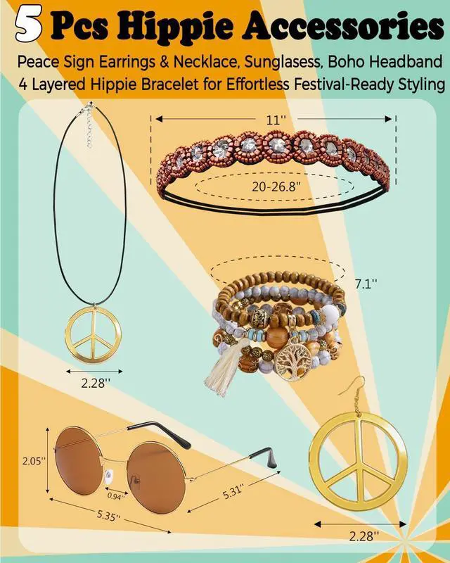 Alt view image 6 of 6 - 60s 70s Outfit for Women Hippie Costume Clothes Fringe Vest with Hippie Accessories Boho Headband for Disco Party Halloween Brown L