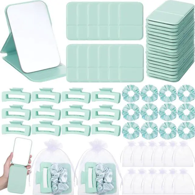 Main image of 48 Pcs Teen Girls Party Favor Gift Set - Foldable Compact Mirrors Hair Claw Clips Scrunchies Organza Bags for Women Spa Sleepover Birthday Party Back to School Bridesmaid Gift (Green)