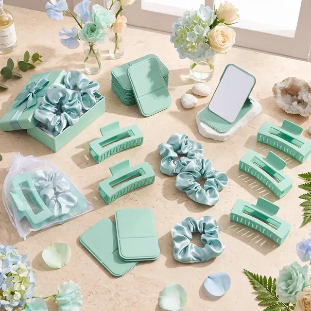 Alt view image 2 of 7 - 48 Pcs Teen Girls Party Favor Gift Set - Foldable Compact Mirrors Hair Claw Clips Scrunchies Organza Bags for Women Spa Sleepover Birthday Party Back to School Bridesmaid Gift (Green)