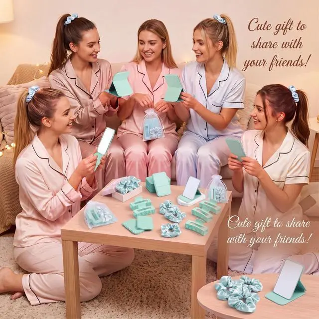 Alt view image 5 of 7 - 48 Pcs Teen Girls Party Favor Gift Set - Foldable Compact Mirrors Hair Claw Clips Scrunchies Organza Bags for Women Spa Sleepover Birthday Party Back to School Bridesmaid Gift (Green)