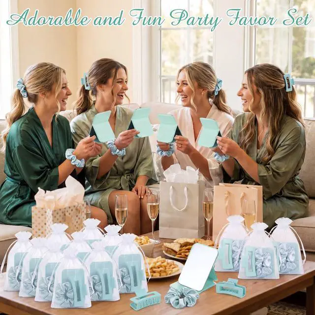 Alt view image 7 of 7 - 48 Pcs Teen Girls Party Favor Gift Set - Foldable Compact Mirrors Hair Claw Clips Scrunchies Organza Bags for Women Spa Sleepover Birthday Party Back to School Bridesmaid Gift (Green)