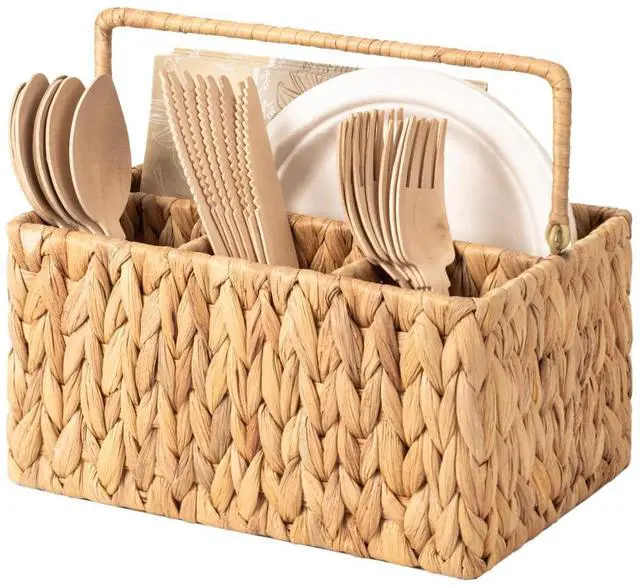 Main image of Wicker Silverware Caddy for Party, Rattan Utensil Holder | Hand-Woven Water Hyacinth Cutlery Basket for Countertop, Utensil Caddy for Parties, Silverware Organizer with Handle, 1-Pack