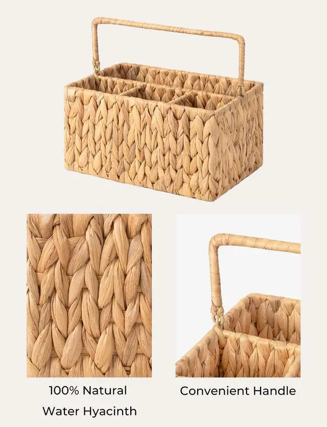 Alt view image 3 of 7 - Wicker Silverware Caddy for Party, Rattan Utensil Holder | Hand-Woven Water Hyacinth Cutlery Basket for Countertop, Utensil Caddy for Parties, Silverware Organizer with Handle, 1-Pack