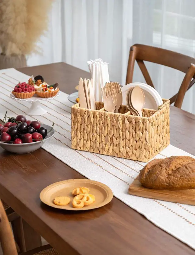 Alt view image 5 of 7 - Wicker Silverware Caddy for Party, Rattan Utensil Holder | Hand-Woven Water Hyacinth Cutlery Basket for Countertop, Utensil Caddy for Parties, Silverware Organizer with Handle, 1-Pack