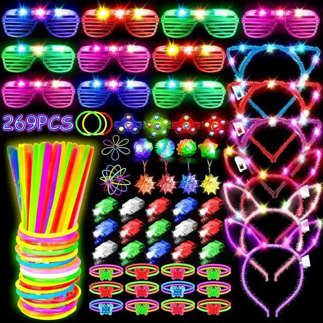 Main image of 269PCS Glow in the Dark Party Supplies for Kid/Adults, 3-15 People | Led Light Up Toys Party Favors with Light Up Glasses ,Headband,Rings,100 Glow Sticks Bulk Party Pack DIY Neon Party