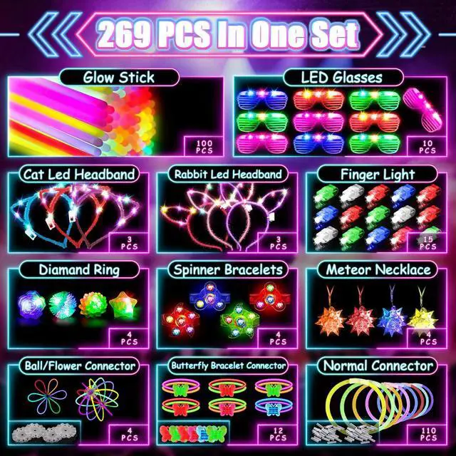 Alt view image 2 of 7 - 269PCS Glow in the Dark Party Supplies for Kid/Adults, 3-15 People | Led Light Up Toys Party Favors with Light Up Glasses ,Headband,Rings,100 Glow Sticks Bulk Party Pack DIY Neon Party