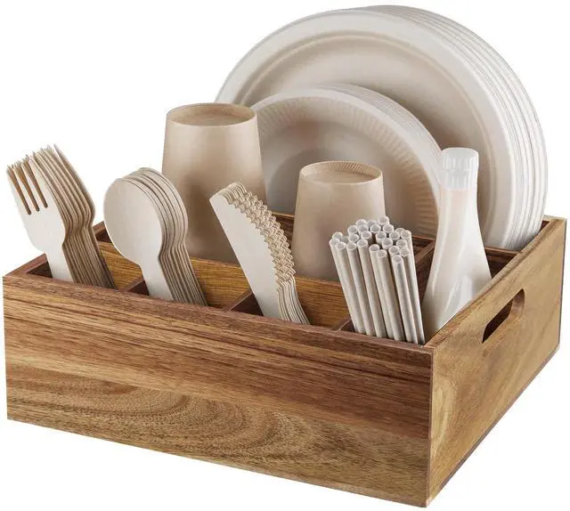 Main image of Acacia Wood Utensil Holder for Party - Paper Plate Organizer for Countertop - Silverware Caddy with 6 Compartments for Plate, Cup, Fork, Spoon - Cutlery Holder for Kitchen Camping Buffet