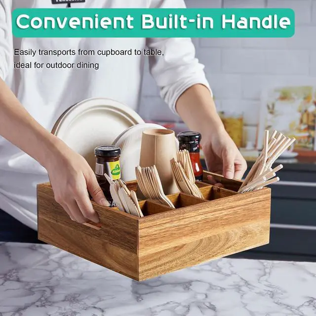 Alt view image 2 of 7 - Acacia Wood Utensil Holder for Party - Paper Plate Organizer for Countertop - Silverware Caddy with 6 Compartments for Plate, Cup, Fork, Spoon - Cutlery Holder for Kitchen Camping Buffet