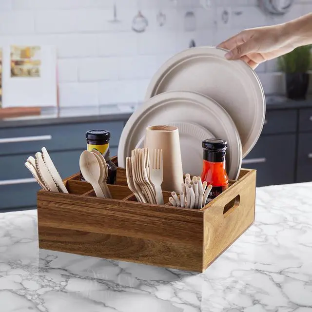 Alt view image 3 of 7 - Acacia Wood Utensil Holder for Party - Paper Plate Organizer for Countertop - Silverware Caddy with 6 Compartments for Plate, Cup, Fork, Spoon - Cutlery Holder for Kitchen Camping Buffet