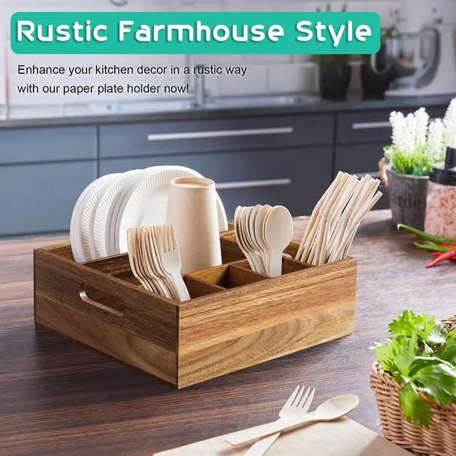 Alt view image 4 of 7 - Acacia Wood Utensil Holder for Party - Paper Plate Organizer for Countertop - Silverware Caddy with 6 Compartments for Plate, Cup, Fork, Spoon - Cutlery Holder for Kitchen Camping Buffet