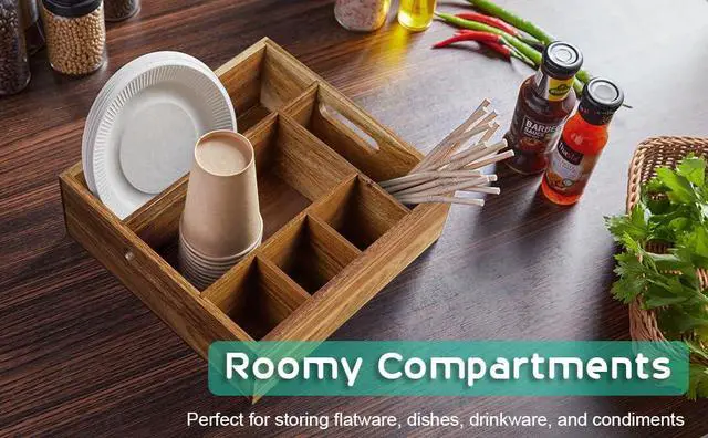Alt view image 7 of 7 - Acacia Wood Utensil Holder for Party - Paper Plate Organizer for Countertop - Silverware Caddy with 6 Compartments for Plate, Cup, Fork, Spoon - Cutlery Holder for Kitchen Camping Buffet