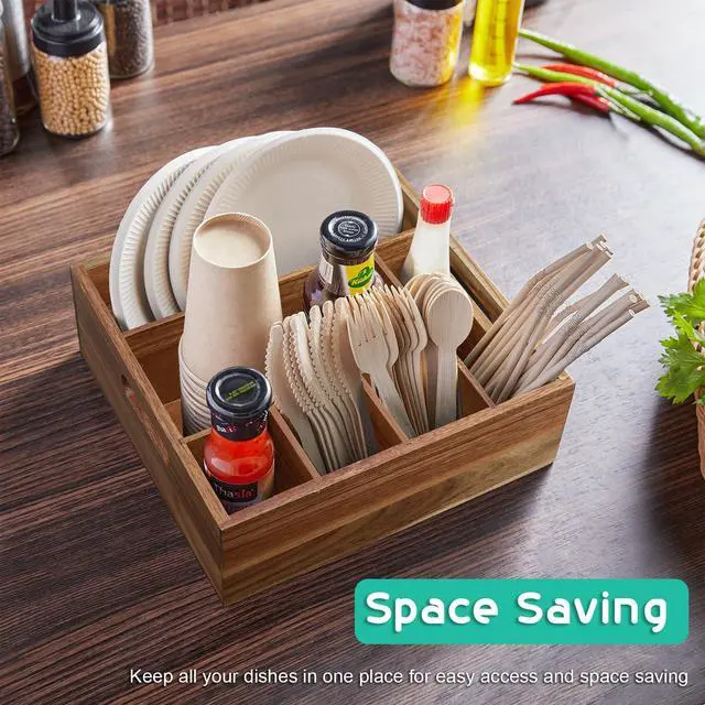 Alt view image 5 of 7 - Acacia Wood Utensil Holder for Party - Paper Plate Organizer for Countertop - Silverware Caddy with 6 Compartments for Plate, Cup, Fork, Spoon - Cutlery Holder for Kitchen Camping Buffet