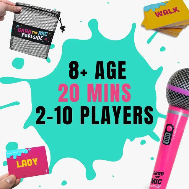 Alt view image 4 of 6 - Grab The Mic Poolside - Waterproof Karaoke Game For Family & Adult Fun | Sing With The Inflatable Mic, Waterproof Cards, 2-10 Players, Ages 8+. Perfect For Pool Parties, Beach Days And Holidays.