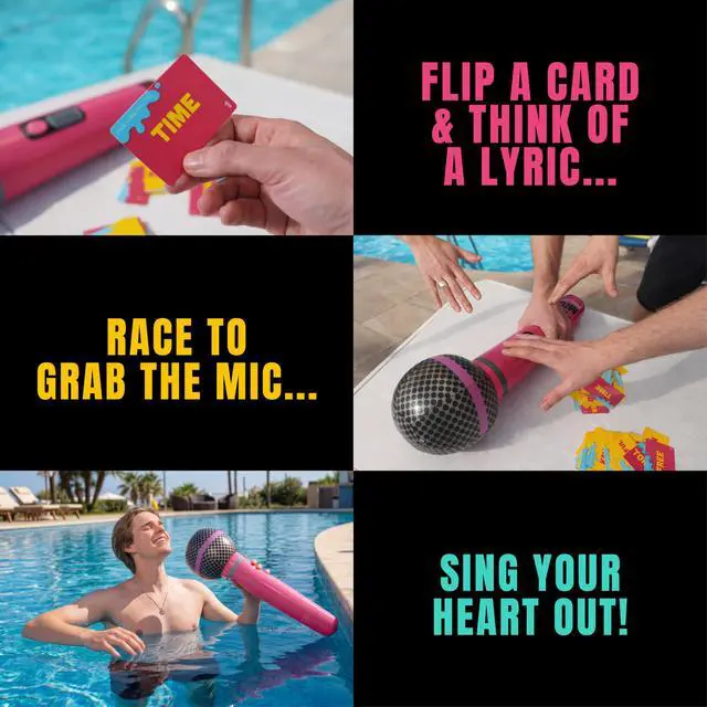 Alt view image 6 of 6 - Grab The Mic Poolside - Waterproof Karaoke Game For Family & Adult Fun | Sing With The Inflatable Mic, Waterproof Cards, 2-10 Players, Ages 8+. Perfect For Pool Parties, Beach Days And Holidays.