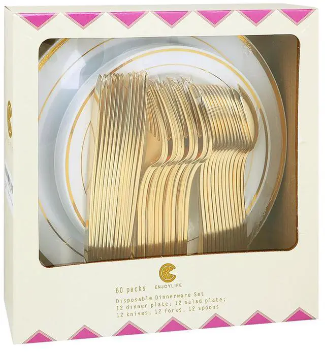 Main image of 60pcs Gold Plastic Dinnerware Set, Party Plates | Heavy Duty Disposable White Gold Rim Plates with Plastic Silverware Service for 12 Guests for Party Supplies, Birthday, BBQ