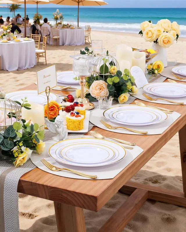Alt view image 2 of 7 - 60pcs Gold Plastic Dinnerware Set, Party Plates | Heavy Duty Disposable White Gold Rim Plates with Plastic Silverware Service for 12 Guests for Party Supplies, Birthday, BBQ