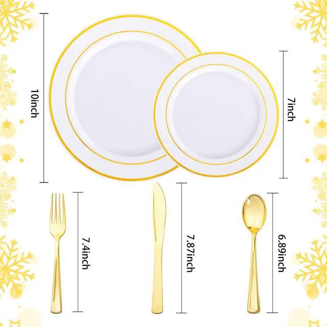 Alt view image 3 of 7 - 60pcs Gold Plastic Dinnerware Set, Party Plates | Heavy Duty Disposable White Gold Rim Plates with Plastic Silverware Service for 12 Guests for Party Supplies, Birthday, BBQ