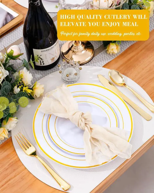 Alt view image 4 of 7 - 60pcs Gold Plastic Dinnerware Set, Party Plates | Heavy Duty Disposable White Gold Rim Plates with Plastic Silverware Service for 12 Guests for Party Supplies, Birthday, BBQ