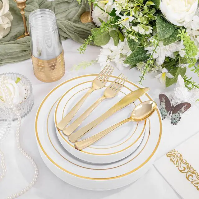 Alt view image 5 of 7 - 60pcs Gold Plastic Dinnerware Set, Party Plates | Heavy Duty Disposable White Gold Rim Plates with Plastic Silverware Service for 12 Guests for Party Supplies, Birthday, BBQ