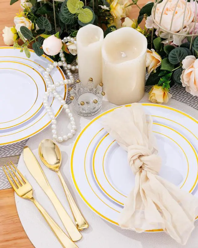 Alt view image 7 of 7 - 60pcs Gold Plastic Dinnerware Set, Party Plates | Heavy Duty Disposable White Gold Rim Plates with Plastic Silverware Service for 12 Guests for Party Supplies, Birthday, BBQ