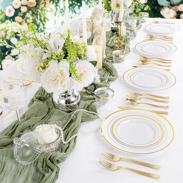 Alt view image 6 of 7 - 60pcs Gold Plastic Dinnerware Set, Party Plates | Heavy Duty Disposable White Gold Rim Plates with Plastic Silverware Service for 12 Guests for Party Supplies, Birthday, BBQ