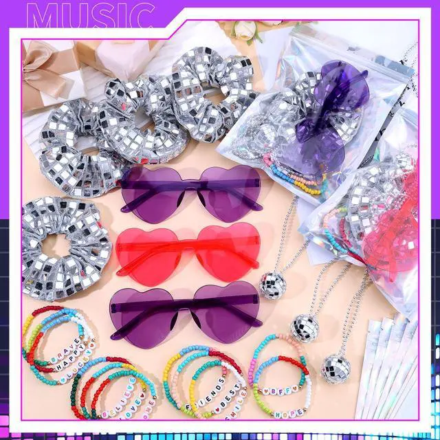 Alt view image 2 of 7 - 72 Pcs disco party favors Friendship Party Favors Singer Gift Sets | Include Bead Bracelets Disco Ball Heart Sunglasses Metallic Silver Hair Accessories Gift Bag for Fans Party Supplies