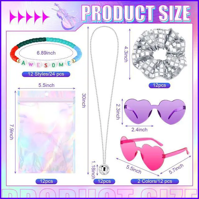Alt view image 3 of 7 - 72 Pcs disco party favors Friendship Party Favors Singer Gift Sets | Include Bead Bracelets Disco Ball Heart Sunglasses Metallic Silver Hair Accessories Gift Bag for Fans Party Supplies