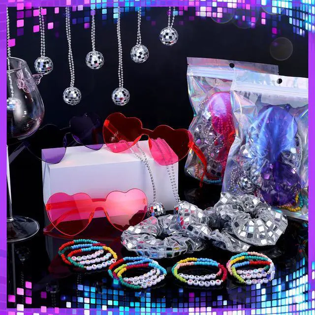 Alt view image 7 of 7 - 72 Pcs disco party favors Friendship Party Favors Singer Gift Sets | Include Bead Bracelets Disco Ball Heart Sunglasses Metallic Silver Hair Accessories Gift Bag for Fans Party Supplies