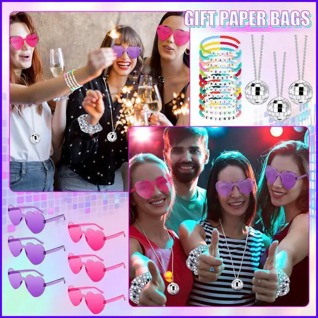 Alt view image 6 of 7 - 72 Pcs disco party favors Friendship Party Favors Singer Gift Sets | Include Bead Bracelets Disco Ball Heart Sunglasses Metallic Silver Hair Accessories Gift Bag for Fans Party Supplies