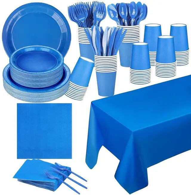 Main image of 229PCS Blue Party Supplies Set Disposable Paper Plates Cups | Plastic Spoons Forks Knives Light Blue Napkins for 30 Guests Disposable Party Dinnerware Sets for Wedding Birthday Parties