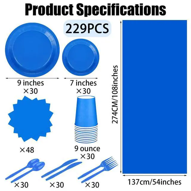 Alt view image 2 of 6 - 229PCS Blue Party Supplies Set Disposable Paper Plates Cups | Plastic Spoons Forks Knives Light Blue Napkins for 30 Guests Disposable Party Dinnerware Sets for Wedding Birthday Parties