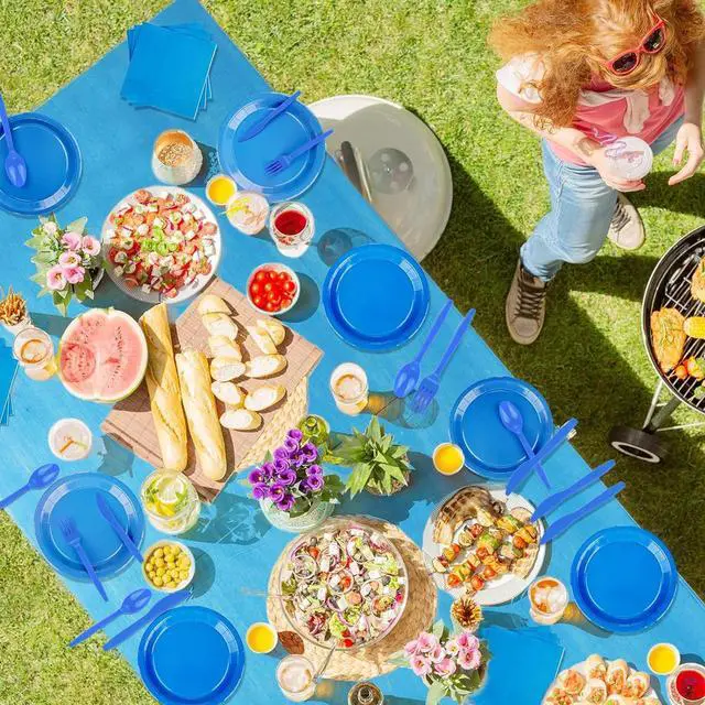 Alt view image 4 of 6 - 229PCS Blue Party Supplies Set Disposable Paper Plates Cups | Plastic Spoons Forks Knives Light Blue Napkins for 30 Guests Disposable Party Dinnerware Sets for Wedding Birthday Parties