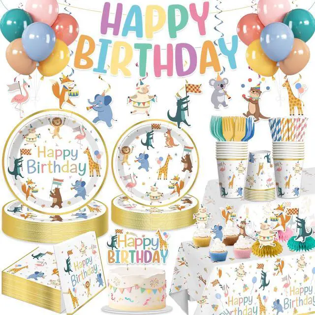 Main image of 207pcs Party Animal Birthday Decorations Tableware Set, for 25 Guests | Pre-strung banner, Disposable 350g thick paper plates, HD printed cake decor, Waterproof tablecloth, Durable latex balloons