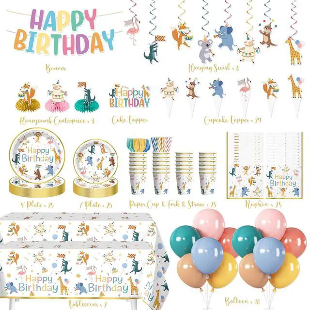 Alt view image 2 of 7 - 207pcs Party Animal Birthday Decorations Tableware Set, for 25 Guests | Pre-strung banner, Disposable 350g thick paper plates, HD printed cake decor, Waterproof tablecloth, Durable latex balloons