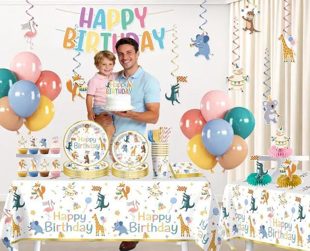 Alt view image 3 of 7 - 207pcs Party Animal Birthday Decorations Tableware Set, for 25 Guests | Pre-strung banner, Disposable 350g thick paper plates, HD printed cake decor, Waterproof tablecloth, Durable latex balloons