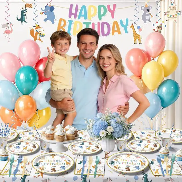 Alt view image 4 of 7 - 207pcs Party Animal Birthday Decorations Tableware Set, for 25 Guests | Pre-strung banner, Disposable 350g thick paper plates, HD printed cake decor, Waterproof tablecloth, Durable latex balloons