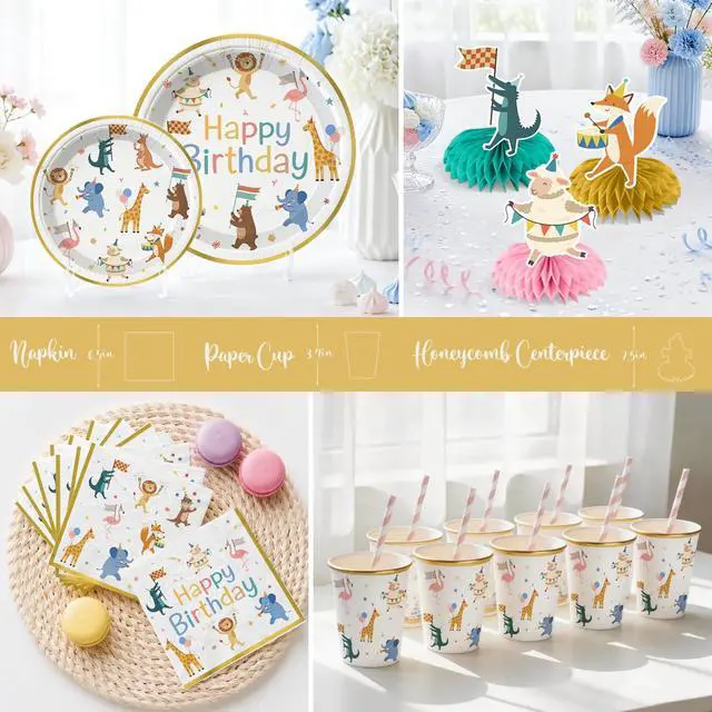 Alt view image 5 of 7 - 207pcs Party Animal Birthday Decorations Tableware Set, for 25 Guests | Pre-strung banner, Disposable 350g thick paper plates, HD printed cake decor, Waterproof tablecloth, Durable latex balloons