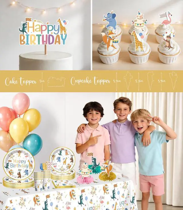 Alt view image 6 of 7 - 207pcs Party Animal Birthday Decorations Tableware Set, for 25 Guests | Pre-strung banner, Disposable 350g thick paper plates, HD printed cake decor, Waterproof tablecloth, Durable latex balloons
