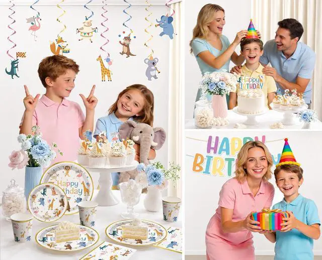 Alt view image 7 of 7 - 207pcs Party Animal Birthday Decorations Tableware Set, for 25 Guests | Pre-strung banner, Disposable 350g thick paper plates, HD printed cake decor, Waterproof tablecloth, Durable latex balloons