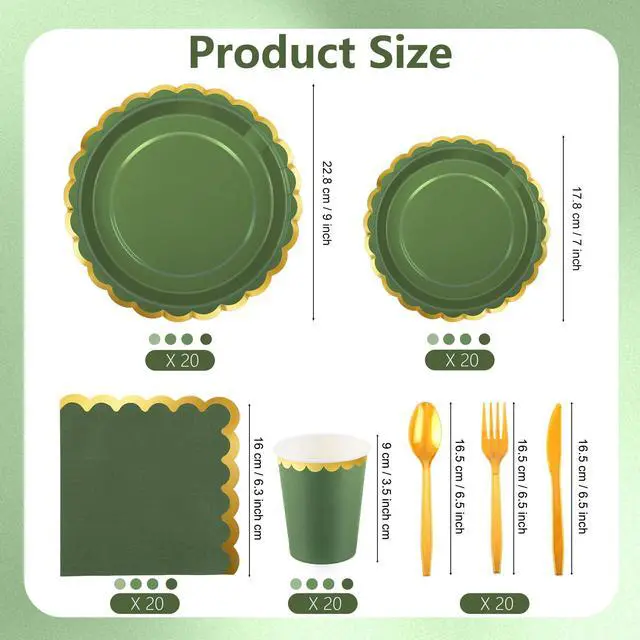 Alt view image 2 of 7 - 140PCS Sage Green Disposable Dinnerware Set Serves 20 Guests | Includes Scalloped Plates Napkins Cup & Cutlery Tableware for Birthday, Wedding, Baby Shower & Picnic Party Supplies