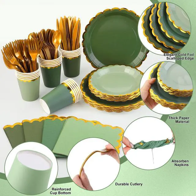Alt view image 3 of 7 - 140PCS Sage Green Disposable Dinnerware Set Serves 20 Guests | Includes Scalloped Plates Napkins Cup & Cutlery Tableware for Birthday, Wedding, Baby Shower & Picnic Party Supplies