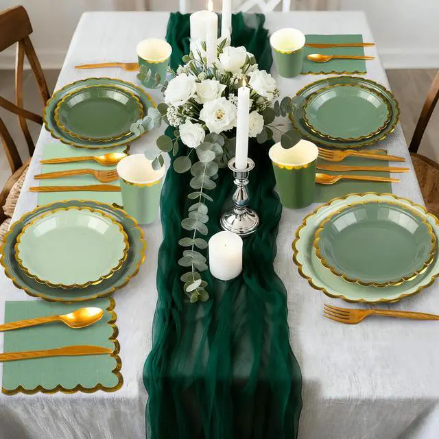Alt view image 5 of 7 - 140PCS Sage Green Disposable Dinnerware Set Serves 20 Guests | Includes Scalloped Plates Napkins Cup & Cutlery Tableware for Birthday, Wedding, Baby Shower & Picnic Party Supplies