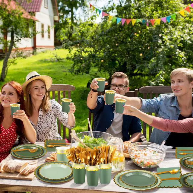 Alt view image 6 of 7 - 140PCS Sage Green Disposable Dinnerware Set Serves 20 Guests | Includes Scalloped Plates Napkins Cup & Cutlery Tableware for Birthday, Wedding, Baby Shower & Picnic Party Supplies