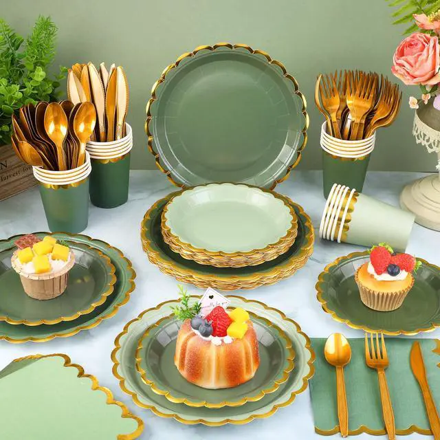 Alt view image 4 of 7 - 140PCS Sage Green Disposable Dinnerware Set Serves 20 Guests | Includes Scalloped Plates Napkins Cup & Cutlery Tableware for Birthday, Wedding, Baby Shower & Picnic Party Supplies