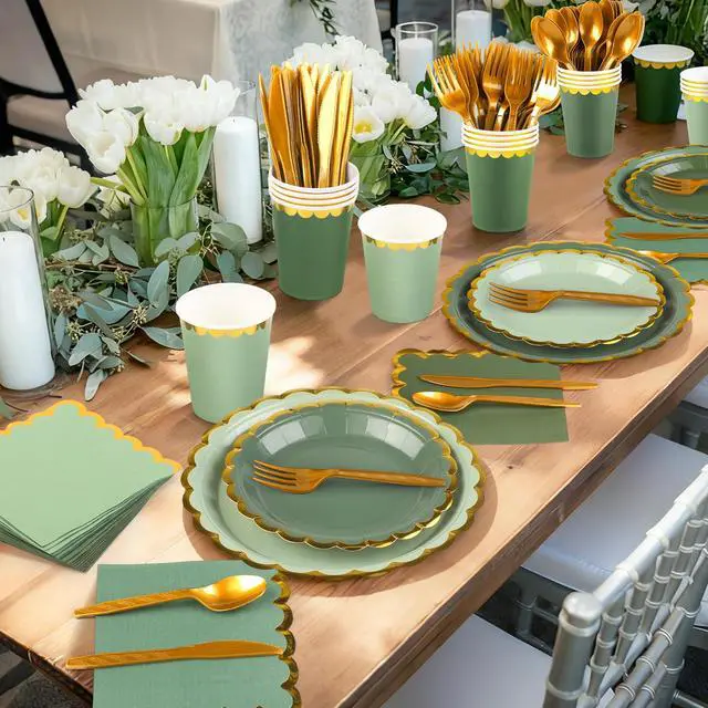 Alt view image 7 of 7 - 140PCS Sage Green Disposable Dinnerware Set Serves 20 Guests | Includes Scalloped Plates Napkins Cup & Cutlery Tableware for Birthday, Wedding, Baby Shower & Picnic Party Supplies