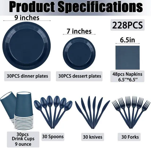 Alt view image 2 of 6 - 228PCS Navy Blue Party Supplies Set for 30 Guests Paper Plates Set | Include Paper Plates Cups Paper Napkins Plastic Spoons Forks Knives Disposable Party Dinnerware for Birthday Wedding Picnic
