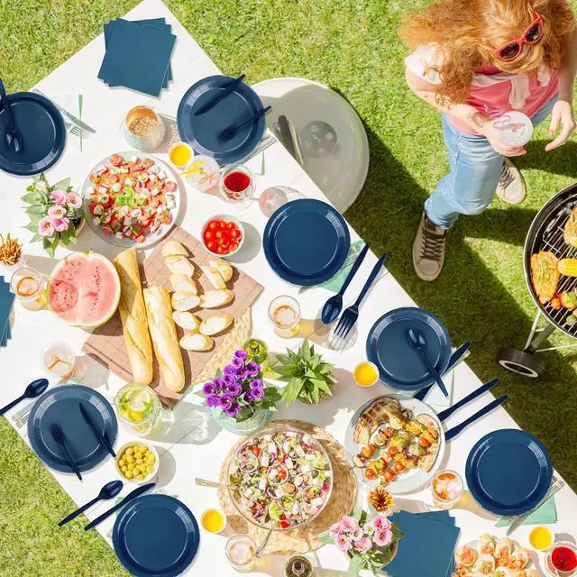 Alt view image 3 of 6 - 228PCS Navy Blue Party Supplies Set for 30 Guests Paper Plates Set | Include Paper Plates Cups Paper Napkins Plastic Spoons Forks Knives Disposable Party Dinnerware for Birthday Wedding Picnic